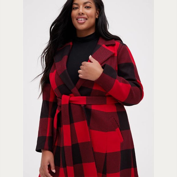 Torrid SELF-TIE FIT & FLARE LONGLINE COAT - STRETCH WOVEN PLAID RED Size… - Picture 3 of 5